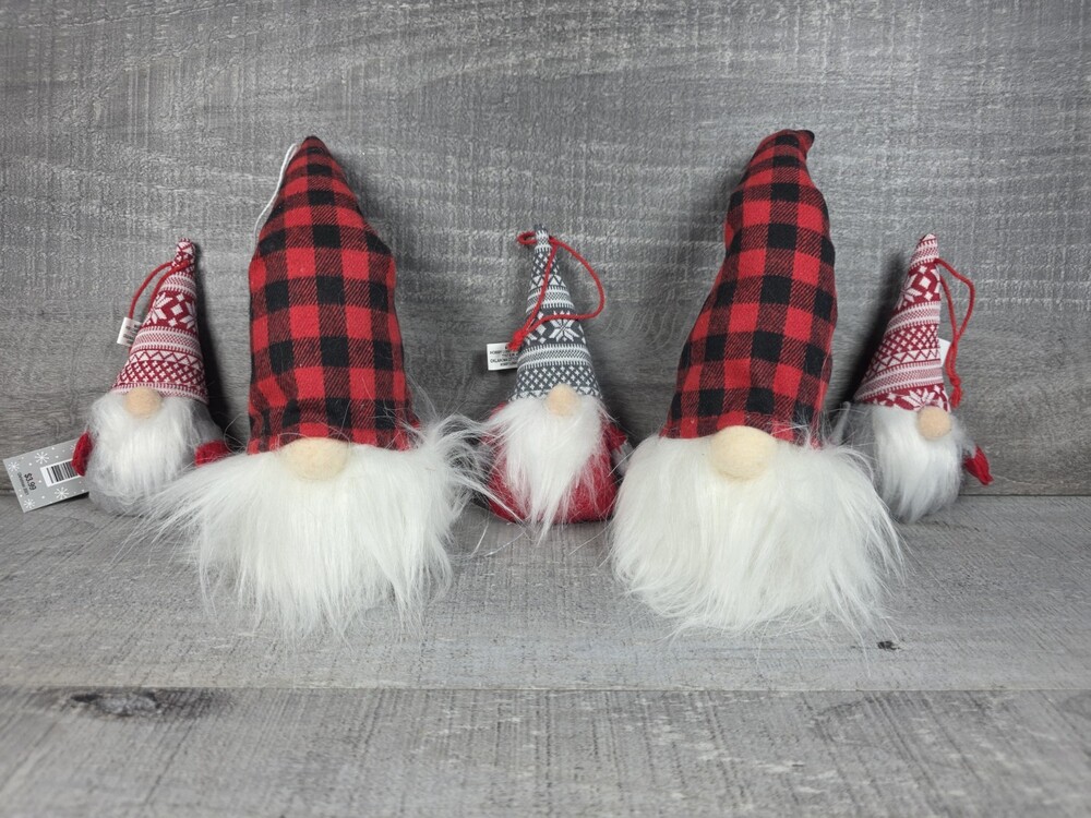 Set 5 Christmas Gnome Hanging Ornaments Red Grey Plaid Christmas Decor b215